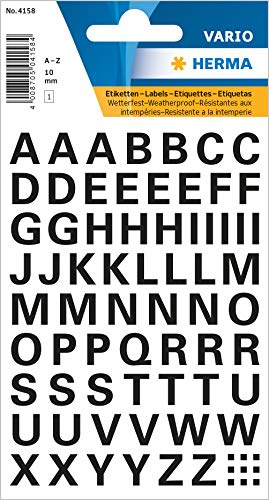 HERMA 4158 bokstäver klistermärken A - Z, väderbeständig (teckenstoralek 10 mm, 1 ark, folie) självhäftande, permanenta alfabetsklistermärken, 74 etiketter, transparent/svart