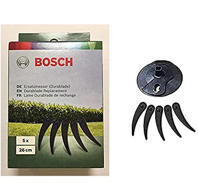 Bosch Ersatz-Schneidscheiben-Set, Schwarz, Mit 5 Stück Schwarzen Bosch DuraBlades (Passend Für:Bosch ART 26-18Li Schnurloser Trimmer), Mit Stanley Maßband (Abbildung) Und Cadbury Schokoriegel