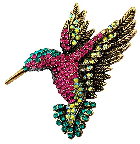 SELOVO Antique Gold Tone Bird Hummingbird Multi Color Austrian Crystal Pin Brooch