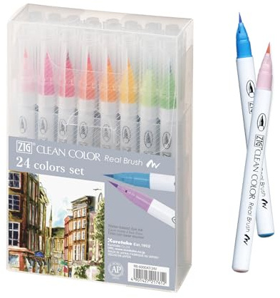 Kuretake Zig Clean Color Real Brush 24 colors set, Brush tip marker pens, for Professional and Artist, coloring, drawing, calligraphy, lettering, Made in Japan
