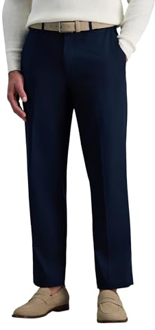 Haggar mens Premium No Iron Khaki Classic Fit Expandable Waist Flat Front Pant, Dark Navy, 34x29