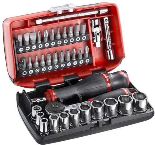 FACOM Juego de Vasos 1/4 y Puntas de Atornillado, 38 Piezas, Incluye Cliquet, Vasos 6 Pans, Rallonges, Cardan, Mango de Serrage, Porta-Embouts, Embouts Variados, R2NANOPB