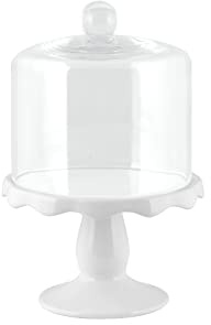 H&H Alzata Ceramica con Campana Vetro 14Xh10 Arredo Tavola, Bianco/Trasparente, 14 cm