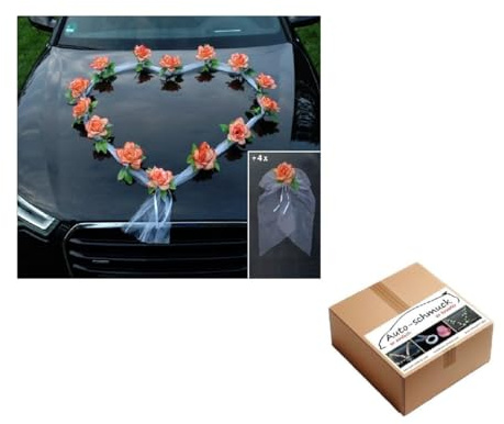 Organza Herz Auto Schmuck Braut Paar Rose Deko Dekoration Autoschmuck Hochzeit Car Auto Wedding Deko Girlande PKW (Orange/Weiß)