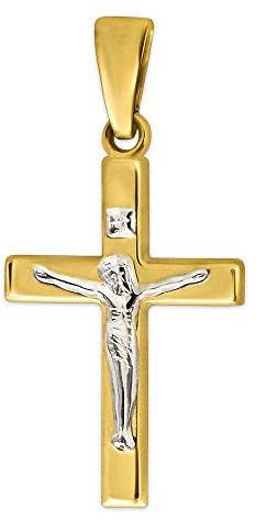 CLEVER SCHMUCK Goldener Kleiner Jesus Kreuz Anhänger 17mm glänzend Bicolor 333 Gold 8 Karat für Kinder Junge Mädchen im Kreuz Etui Sand