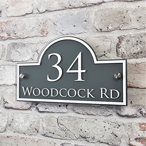 House Number Sign Address Plaque Street Name plate Modern 'Bridge' Personalised MADE TO ORDER Slate Grey & White Glass Effect Acrylic