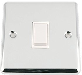 Light Switch 1 Gang - Polished Chrome - Classic - White Insert Plastic Switch - 10 Amp Single 1 Gang 2 Way