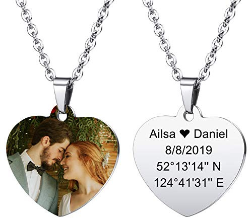 MeMeDIY Colgante de corazón Personalizado para Hombres Mujeres Grabado Nombre/Texto/Fecha/Color Imagen Collar de Fotos para Parejas Regalos de Dama Honor Mejor Amigo Amantes Acero Inoxidable Joyería