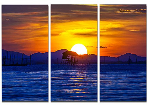 Design Art Old Wooden Pavilion in Sea-Seascape Photo Metal Wall Art-MT8398-36x28 3 Panels, 36x28