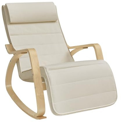 SONGMICS Sedia a Dondolo con Braccioli in Legno di Betulla, Poltrona a Dondolo con Poggiapiedi Regolabile in 5 Posizioni, Max Portata 150 kg, Soggiorno Cameretta, Beige LYY10M