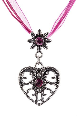 Trachtenkette Herz Edelweiss mit glänzenden Strasssteinen Trachten Kette Schmuck in div Farben perfekt für Dirndl, Lederhose und Trachtenbluse (Pink)