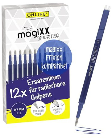 ONLINE 12x radierbare Ersatzminen I Kompatibel mit Pilot Frixion, magiXX I Blau 0,7mm Strichstärke I Ersatzmine für Gelstift radierbar I Nachfüllminen für Gel-Tintenroller mit radierbarer Tinte