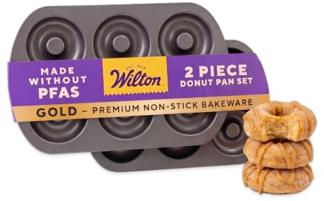 Wilton Gold Non-Stick Donut Pan Set - Quality Baking Pan - Dishwasher Safe & Scratch Resistant - Made Without PFAS - 12.5 x 8 x 1 Inch, 2-Piece Set