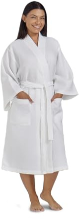 Waffle Robe for Women by BOCA TERRY, Soft Cotton Spa Robes for Summer, Lightweight Women's Knit Waffle Bathrobe, Kimono Style Bathrobes, White Medium/Large