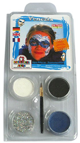 Eulenspiegel - Schmink-Motiv-Set Venezia, 4 Farben | Mit 3 Schminkfarben, 1 Glitzer, Pinsel & Anleitung, für ca. 30 Masken, für Karneval & Mottopartys