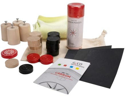 GICO Carrom Zubehör Set von Carrom Manufaktur für alle handelsüblichen Boards: Carrom Steine, Striker, Gleitpulver, Pflegeset, Füsschen - 2116
