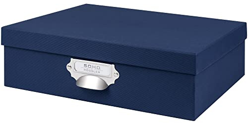 Rössler SOHO Aufbewahrungsbox mit Deckel A4 | Aufbewahrungsbox aus Papier | Bad Organizer | Organizer Küche | Organizer Schminke | Boxen Aufbewahrung | 34 x 26 x 10 cm | 1 Stück | Farbe: Blau | Navy | Organizer aus Karton für DIN A4 Dokumente, Bürobedarf, Bastelmaterial und Accessoires