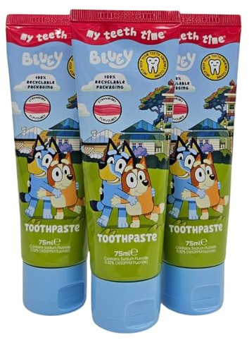 Kids Bluey Toothpaste: Fluoride Protection, Strawberry Flavor, Sugar-Free Formula, 75 ml Tubes (Pack of 3) for Effective Dental Care and Happy Smiles