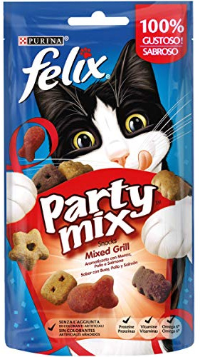 FELIX Party Mix Snack per Gatti Adulti - Croccantini con Manzo, Pollo e Salmone, 8 Confezioni da 60 g - Alimento complementare per Gatti