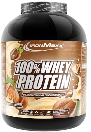 IronMaxx 100% Whey Protein Pulver 2350g - Haselnuss | Cremiger Eiweißshake mit BCAAs & EAAs | High Protein, Low Carb & zuckerarm | Ideal für Muskelaufbau, Diät & Fitness Design kann variieren