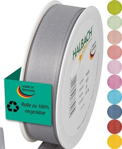 Halbach mattes Taftband, 25 mm x 25 m, grau | Geschenkband in Baumwolloptik, Made in Germany, Ökt-Tex 100 zertifiziert und waschbar bei 30 Grad