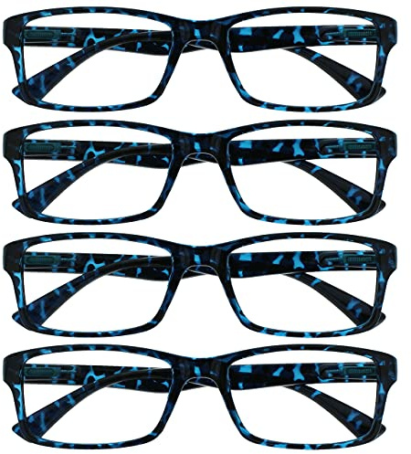 OPULIZE PEP Lesebrille für Damen und Herren - 4er Pack - Große Rechteckige Brille - Komfortable Federscharniere - Kratzfest - Blau Schildpatt +1.50