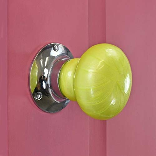 Pair of Ceramic Sprung/Mortice Door Knobs with Spindle and Fixing Screws Supplied - Bright Chrome Back Plates and Lime Green Door Knob Design