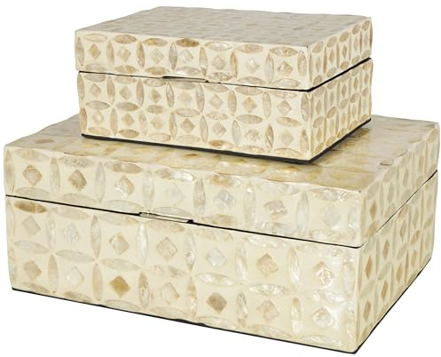 Deco 79 Mother of Pearl Shell Decorative Box Mosaic Storage Decorative Keepsake Boxes with Taupe Accents, Set of 2 Storage Boxes 12, 8W, Beige