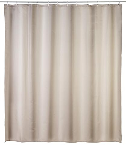 WENKO Anti-mögel duschdraperi uni beige – anti-bakteriell, textil, tvättbar, vattenavvisande, mögelresistent, med 12 duschdraperiringar, polyester, 180 x 200 cm, beige
