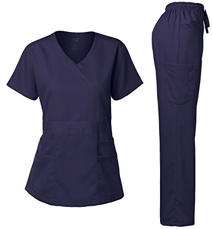 Dagacci Medical Uniform Women's Scrubs Set Stretch Ultra Soft Y-Neck Wrap Top and Pants Navy XXS