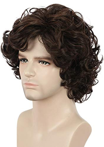 Yuehong kort lockigt mode män brun peruk anime cosplay hår värmebeständig syntetisk fiber peruk hållbar andas