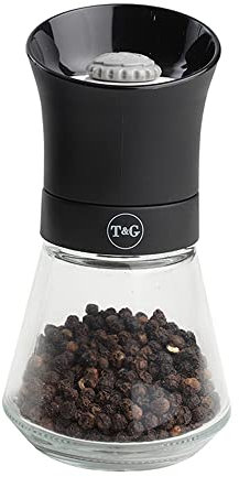 T&G 11090 CrushGrind Tip Top Pepper | Peppercorn Mill with Glass Base, 12.5 cm, Black | Gourmet Fully Adjustable Ceramic Manual Grinder | Shaker | Coarse & Fine | Easy Fill