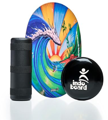 The Original Indo Board Training Package - Balance Board Trainer for Core Strength, Stability & Athletic Performance - Surfing, Skateboarding, Snowboarding, Yoga, Physical Therapy & More. Includes Board, Cushion and Roller. Bamboo Beach Design.