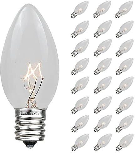 Novelty Lights Incandescent Christmas Replacement Bulbs - Indoor/Outdoor Individual Bulbs for Christmas Tree, Display, & More - C9/E17 Intermediate Base, 7 Watt Lights (Clear, 25 Pack)