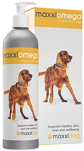 maxxiomega - Olio per Cani con Pratico Erogatore – Pelle Sana e Pelo Lucido – Omega 3 6 e 9 insieme a Vitamina A D E e Biotina – Non Odora di Pesce – Integratore Liquido per Cani 296 ml