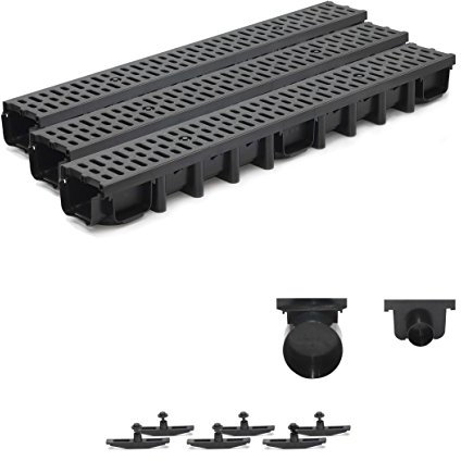 3m Entwässerungsrinne für modulares System A15 98mm, komplett Stegrost Kunststoff, Schwarz Classic