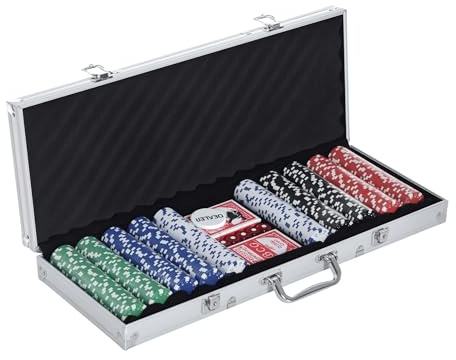 HOMCOM Maletín de Poker Profesional de Aluminio con 500 Fichas Juego Set de Poker Casino con 5 Dados 2 Barajas de Cartas y 1 Ficha de Crupier 55,5x22x6,5 cm Multicolor