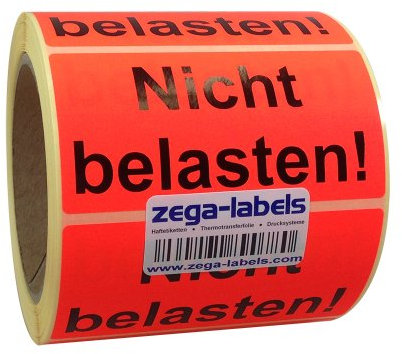Warnetiketten auf Rolle - Nicht belasten - 500 Stück je Rolle - 100 x 50 mm - Leuchtrot Haftpapier stark haftend - Versandaufkleber