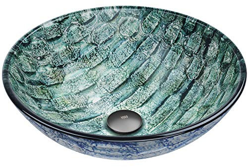 Vigo Vessel Sink Oceania Blue - 17” Artistic Round Bowl Sink for Bathrooms, Tempered Glass Above Counter Bathroom Sink with NonStickShield, QuickDrain & TempGuard, Modern Luxury Design