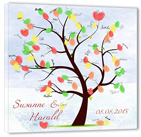 galleryy.net Hochzeitsbaum Fingerabdruck 60x60 mit NAMEN & DATUM - INKL Zubehör-Set (Stempelkissen+Stift+Anleitung+Hochzeitsbuch+...) - Ehebaum Hintergrund - Fingerabdruck Baum Leinwand