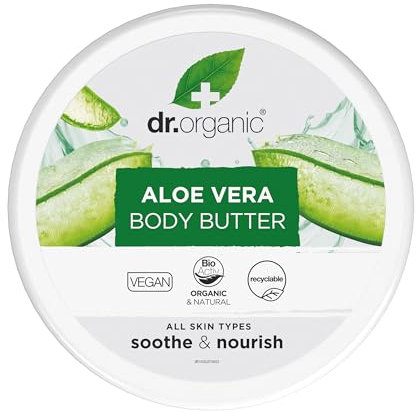 Dr Organic Aloe Vera Body Butter, Soothing, Moisturising, All Skin Types, Natural, Vegan, Cruelty-Free, Paraben & SLS-Free, Organic, 200ml, Packaging may vary
