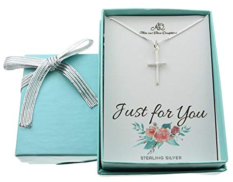 MOM & THREE DAUGHTERS Cross Necklace in Sterling Silver | 16 Inch Box Chain | Christian Jewelry | First Communion | Cross Charm Necklace