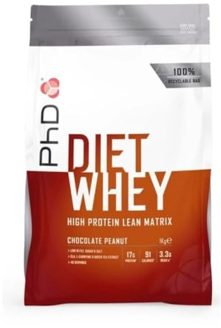 PhD Nutrition Diet Whey Protein 1kg Chocolate Maní, Proteína de Suero con 16g de Proteína por Porción y 3,3g de BCAAs, Bajo en Azúcar y Calorías, Low-Carb