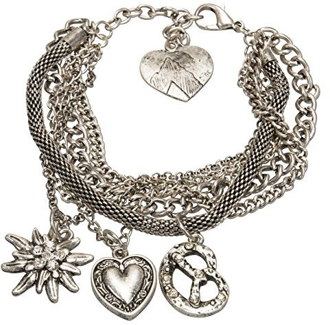Alpenflüstern Armkette Trachten-Anhänger - Trachten-Armband mit Anhänger Strass-Edelweiß, Trachtenherz und Strass-Brezel, Damen-Trachtenschmuck antik-Silber-Farben DAB044