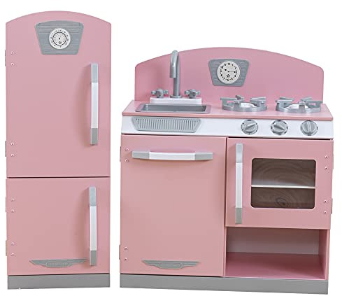 KidKraft Retro Wooden Play Kitchen and Refrigerator 2-Piece Set with Faucet, Sink, Burners and Working Knobs, Pink, Gift for Ages 3+