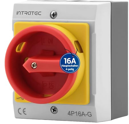 Intratec Hauptschalter 16A, 4-polig – IP65 Lasttrennschalter mit Kunststoffgehäuse – Aufputz-Schalter ideal für Industrie – Drehschalter für sichere Abschaltung – Robuster Maschinenschalter 230V 400V