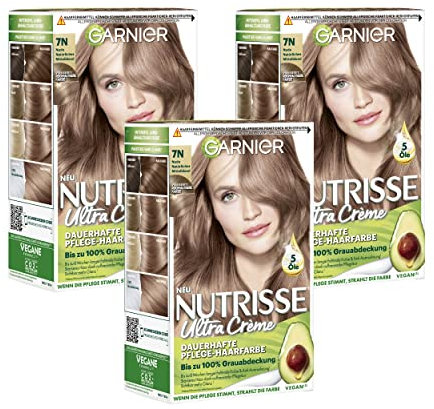 Garnier Nutrisse Dauerhafte Pflege-Haarfarbe mit nährenden Fruchtölen, Coloration mit 8 Wochen Halt, Ultra Crème Tönung, 7N Nude Natürliches Mittelblond
