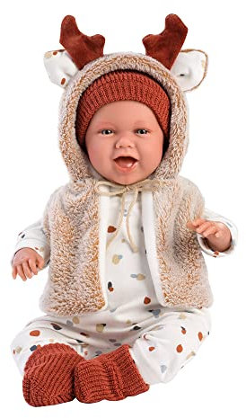 Llorens 1074018 Puppe Mimi, mit blauen Augen und weichem Körper, Babypuppe inkl. winterlichem Outfit, Schnuller, Schnullerkette und Flauschiger Weste mit süßen Rentier-Hörnchen, 42cm