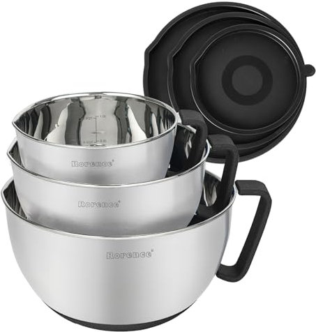 Rorence Bols à mélanger antidérapants en acier inoxydable avec bec verseur, poignée et couvercle, lot de 3, Noir