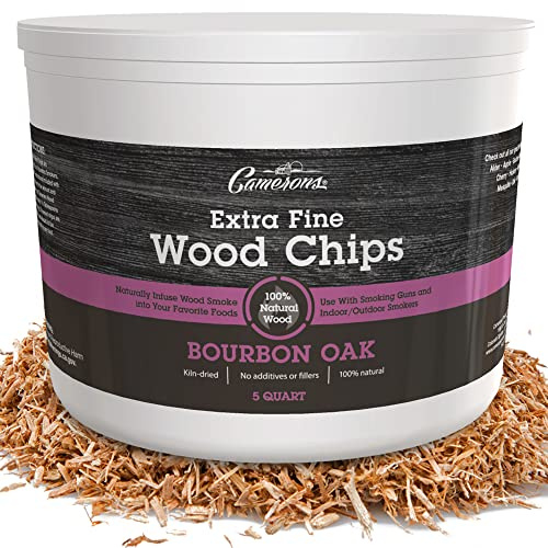 Camerons All Natural Extra Fine Bourbon Soaked Oak BBQ Wood Chips (5 Quart, 4.731L)- Kiln Dried Wood Sawdust Shavings for Cocktail Smoking Guns, Stovetop Smokers, Smoke Boxes - Barbecue Grilling Gifts